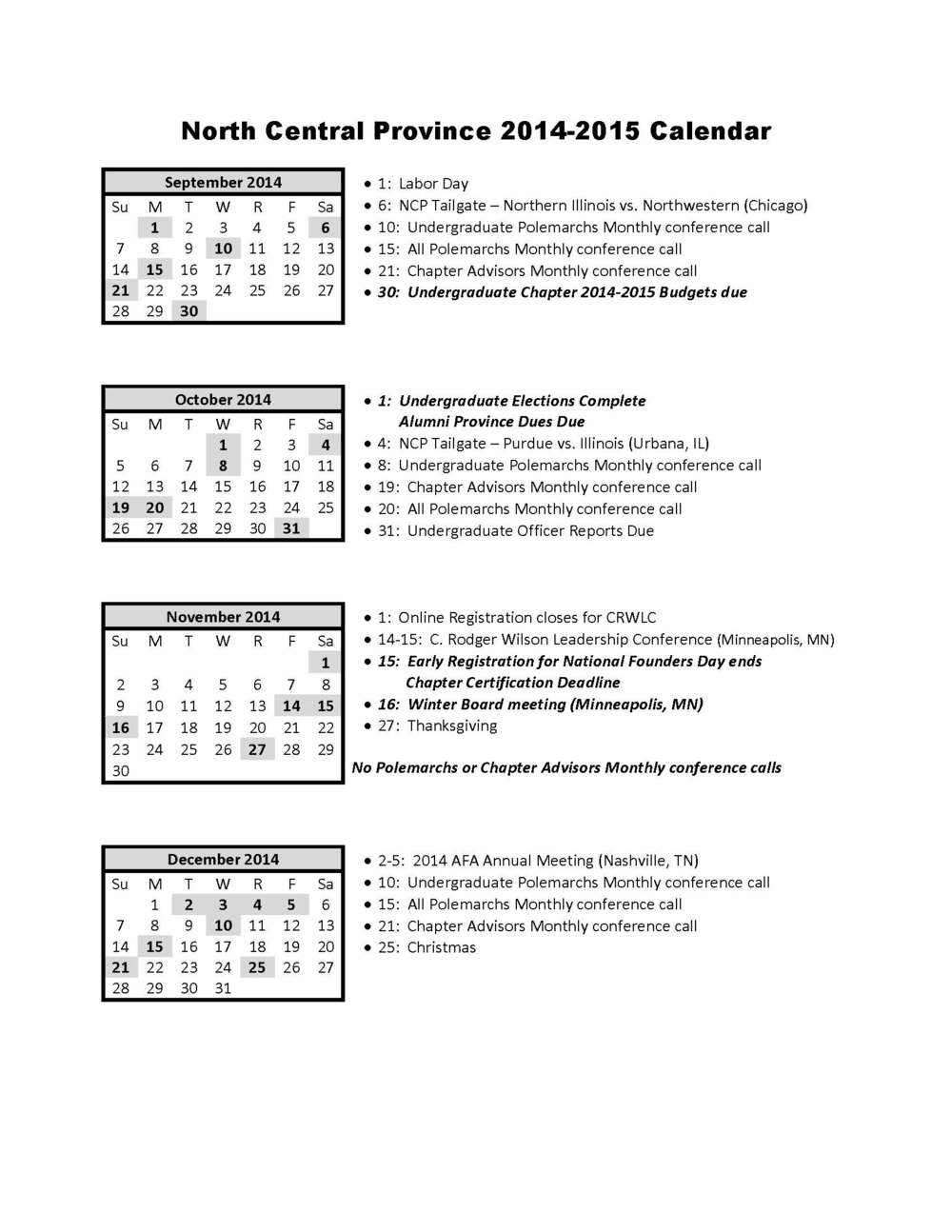 North Central Province 2014–2015 calendar, page 1