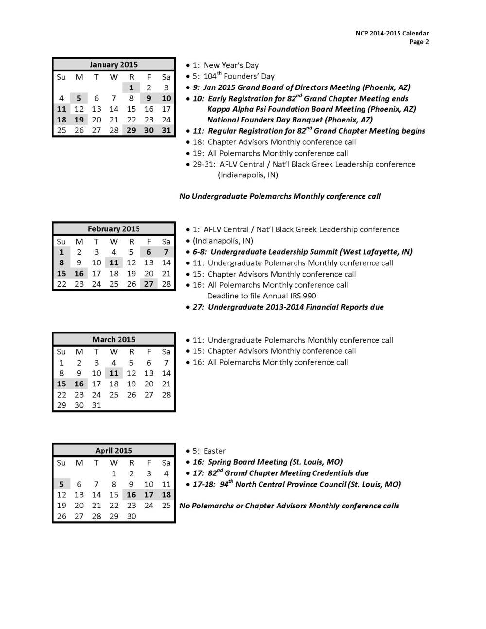 North Central Province 2014–2015 calendar, page 2
