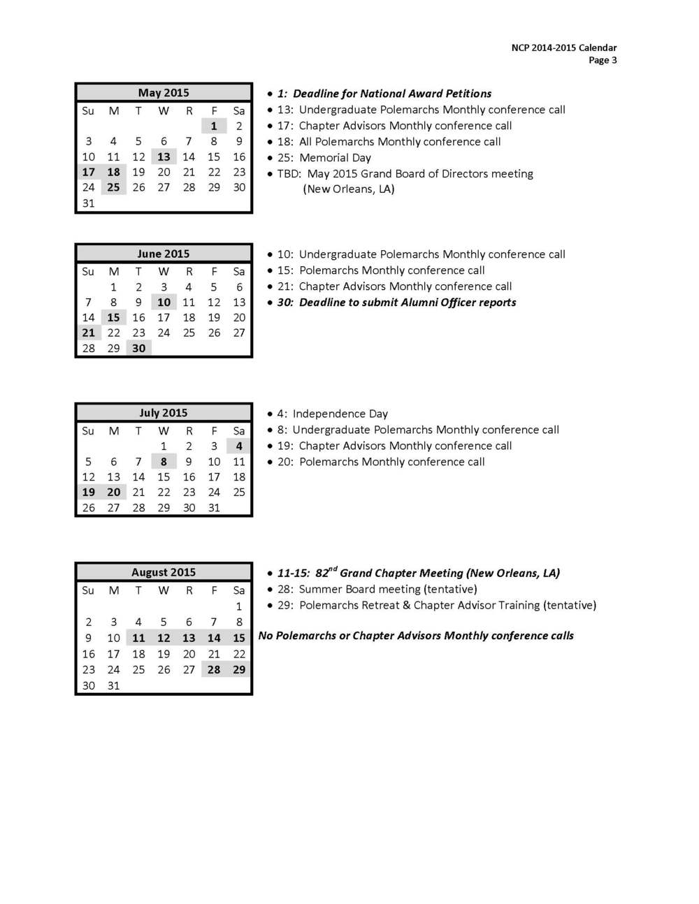 North Central Province 2014–2015 calendar, page 3